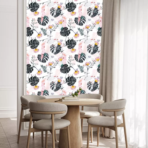 Behang Trendy summer Tropical floral print. Parrot bird in the jungle and flowers in the exotic forest  allover design, seamless pattern vector for fashion ,wallpaoer and all prints