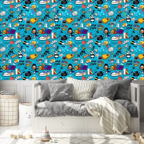 Behang Kleurrijk geschreven en dieren in graffitistijl