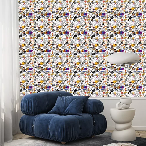 Behang Vector graffiti seamless texture with bizarre elements and characters with social media signs and other shiny icons. Print fabric vector pattern with pop art patches for print, children's room. 