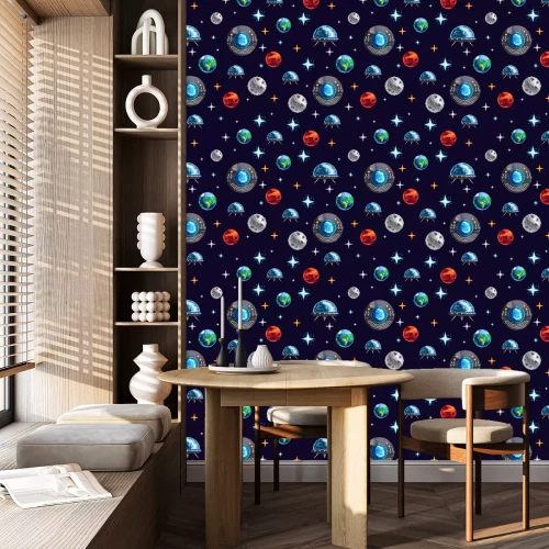 Behang Pixel design of seamless background with colorful planets and spacecraft