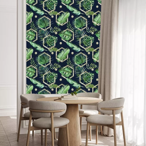 Behang Green tropical palm & fern leaves with gold geometric shapes on black background. Watercolor hand painted seamless pattern. Tropical illustration. Jungle foliage.