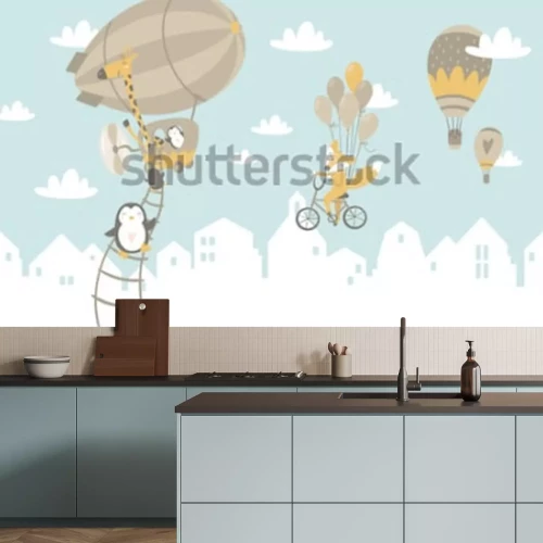 Fotobehang Grafisch patroon met dieren in ballonnen