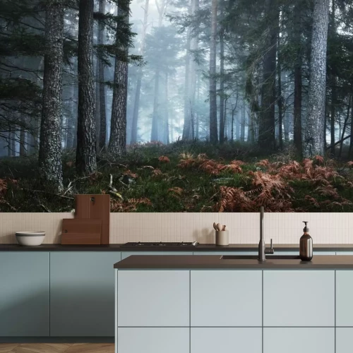 Fotobehang Dennenbos in het mistlandschap