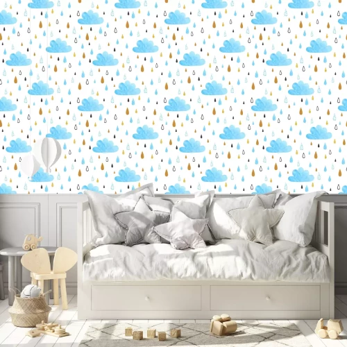 Behang Seamless vector pattern with watercolor clouds and rain drops.