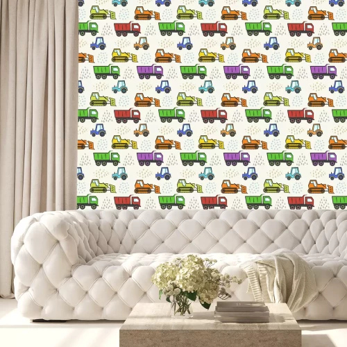 Behang Cute kids seamless pattern with flat colorful industrial transport and abstract hand drawn shapes. Childish boys texture with cartoon dozer, tractor and dumper for textile, wrapping paper, wallpaper