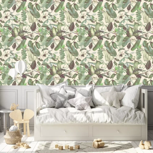 Behang Seamless watercolor pattern with tropical flowers, magnolia, orange flower, vanilla orchid, tropical leaves, banana leaves