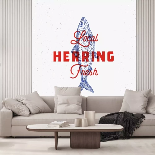 Sticker Local Fresh Herring. Abstract Vector Sign, Symbol or Logo Template. Hand Drawn Herring Fish with Classy Retro Typography. Vintage Vector Emblem with Retro Print Effect.