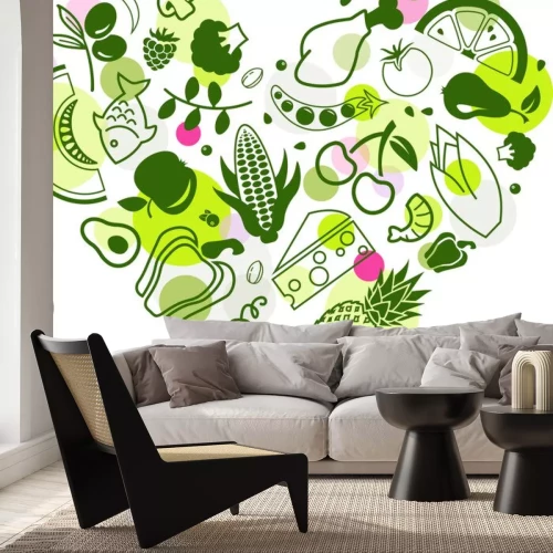 Sticker colourful & healthy food background - vector illustration