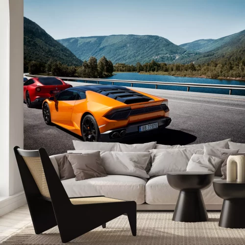 Fotobehang Sportwagens tegen de achtergrond van de Noorse bergen