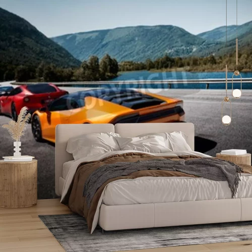 Fotobehang Sportwagens tegen de achtergrond van de Noorse bergen