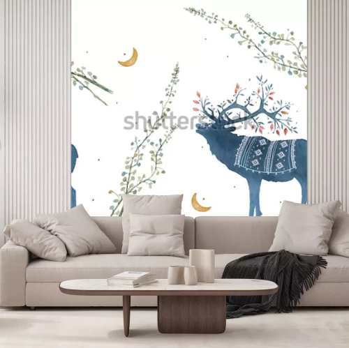 Sticker Waterverf naadloos patroon met Skandinavische elemententakken, grassprietjes.