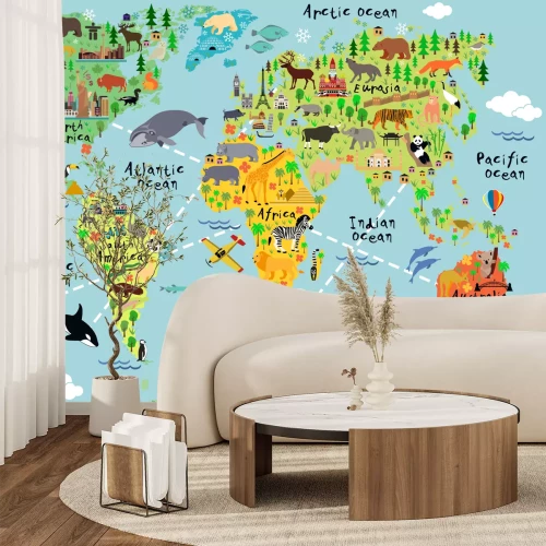Fotobehang Wereldkaart voor kinderen met dieren