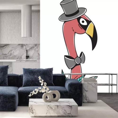 Sticker Cartoon flamingo in a bow tie and cylinder hat isolated on a white background. Original character. Vector illustration. can be used as stickers, prints, etc.