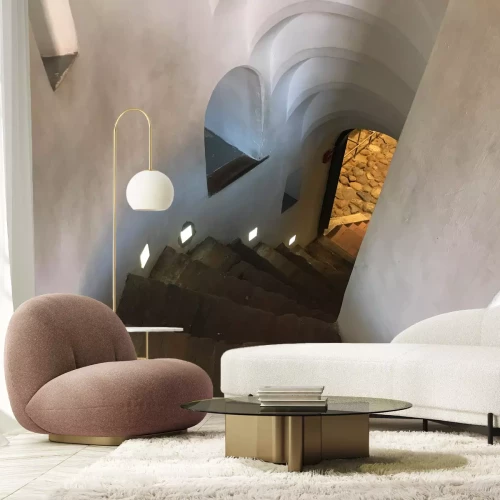 Fotobehang Steep Stone Spiral Stairs Going Down From The Steps