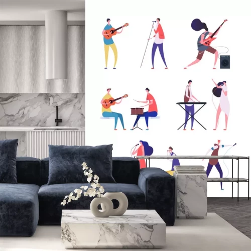 Sticker Musicians set. People performing rock music. Artist with musical instruments and singers. Vector cartoon characters isolated. Illustration of musician instrument, performance band people