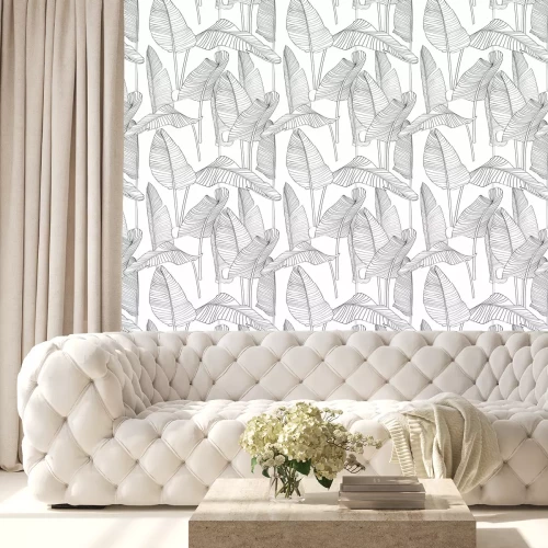 Behang Beautiful Palm Tree Leaf Silhouette Seamless Pattern Background Illustration EPS10. Black lines on white background.