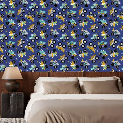 Behang Scary animal monster trucks seamless vector pattern on dark blue background.  