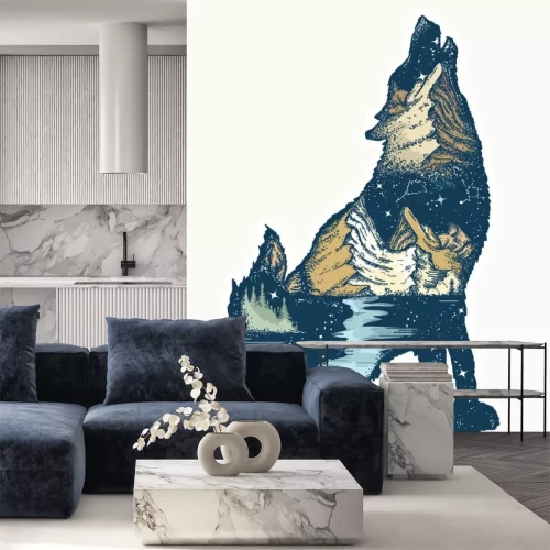 Sticker Wolf double exposure. Tattoo and t-shirt design. Symbol tourism, travel, adventure, outdoor