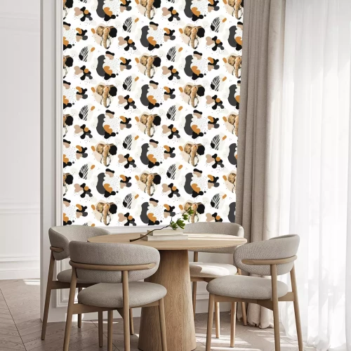 Behang Hand drawn vector abstract creative graphic artistic illustrations seamless collage pattern with sketch elephant drawing and tropical palm leaves in tribal mottif isolated on white background