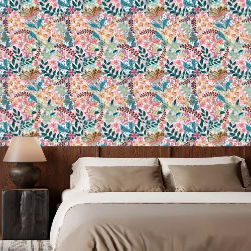 Behang Kleurrijke bladeren en bloemen in oosterse stijl