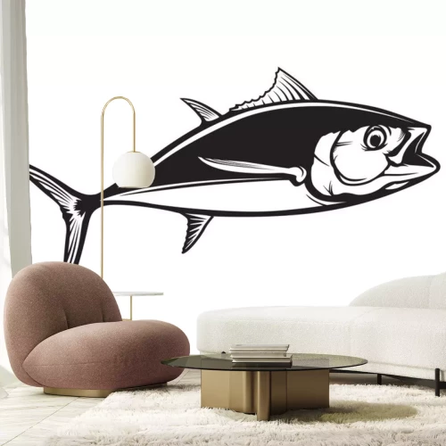Sticker Tuna big fishing logo illustration. Tuna fish fishing vector emblem. Blue fin fish marine theme. Angry fish.