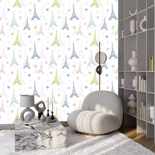 Behang Seamless pattern Paris. French background with Eiffel Tower and hearts