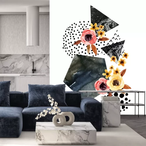 Sticker Herfstachtergrond: vallende bladeren, bloemen, geometrische elementen. Aquarelillustratie met bladeren, driehoeken, marmer, aquarelverf en krabbeltexturen voor een herfstontwerp. Handgeschilderde aqua