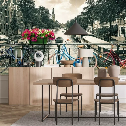 Fotobehang Amsterdam - Black and white photo with colored bicycles