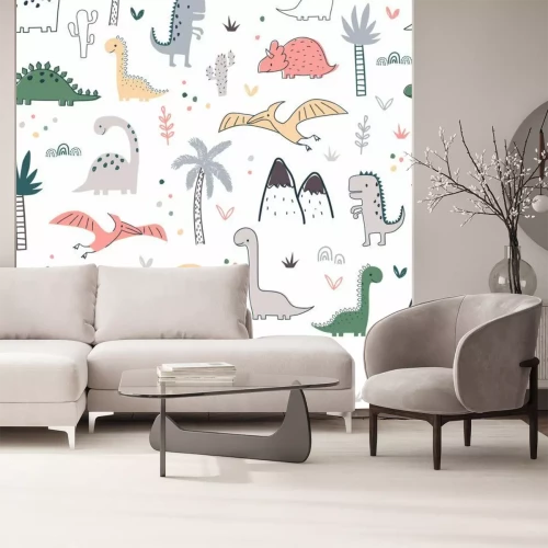 Sticker Cartoon seamless pattern with dinosaurs and palm trees