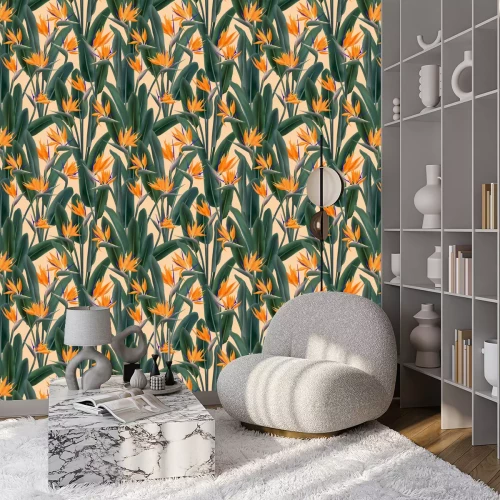 Behang Strelitzia met bloemen op een oranje achtergrond
