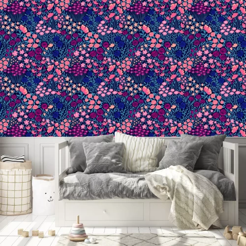 Behang Blauw en roze bloemmotief