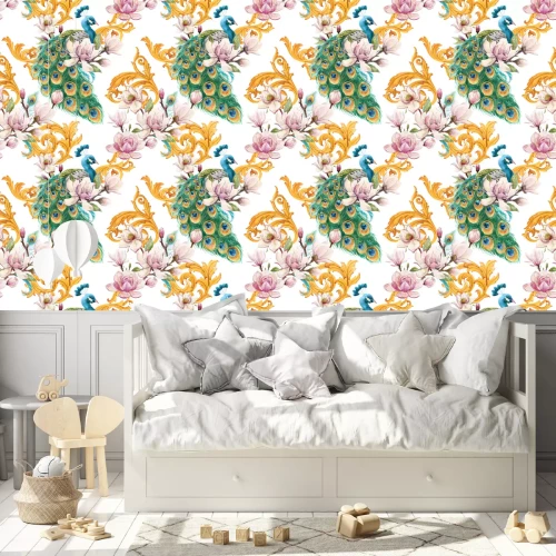 Behang Watercolor peacock pattern