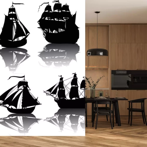 Sticker vier schepen met reflecties op wit wordt geïsoleerd