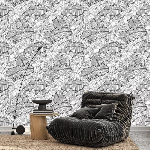 Behang Vector tropical seamless pattern with banana leaves. Exotic plants in black and white.