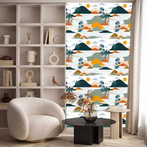 Behang Bright and colorful silhouette of island , palm tree,beach,mountain on modern paper cut style seamless pattern vector design for fashion,fabric,and all prints