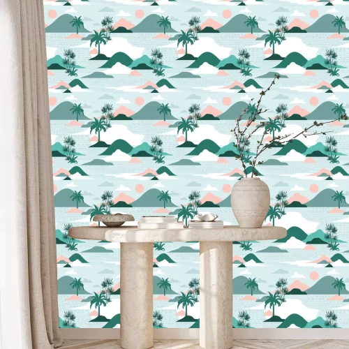 Behang Pastel and sweet  silhouette of palm tree,beach,mountain on modern paper cut style seamless pattern vector design for fashion,fabric,and all prints
