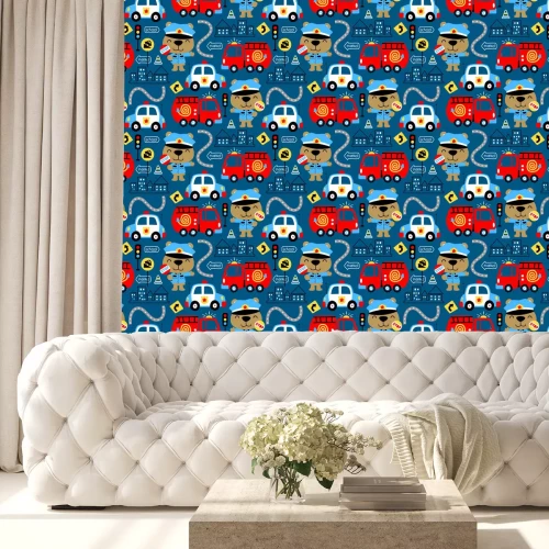 Behang seamless pattern vector of vehicles cartoon with funny cop