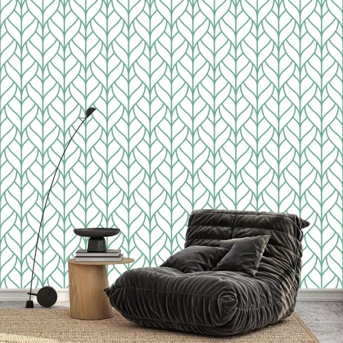 Behang Witte en groene bladeren in Scandinavische stijl
