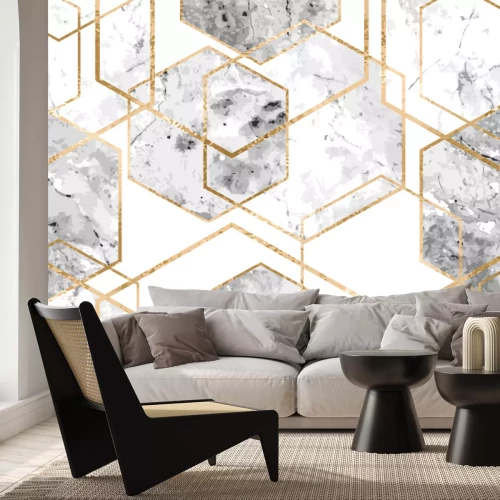 Fotobehang Gele lijnen op grijs marmer