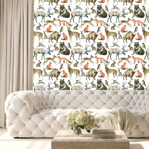 Behang Watercolor realistic forest animal sketch. Seamles pattern about red fox, hare, brown bear, deer, elk, owl, bison, stag