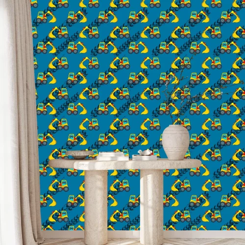 Behang Cute kids car, tractor pattern for girls and boys. Colorful car, auto, tractor on the abstract bright background create a fun cartoon drawing. Urban pattern for textile and fabric, kids. Neon color