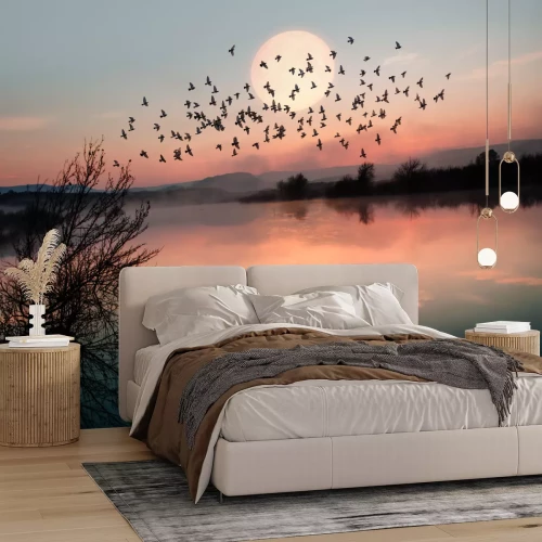 Fotobehang Pastelkleurig landschap met vogels