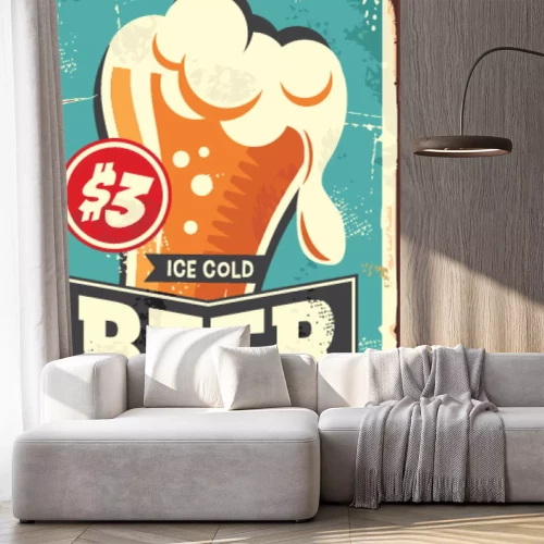 Sticker Ice cold beer vintage metal sign for drink bar, cafe, pub or restaurant. Beer glass on old rusty texture and blue background. Retro vector poster illustration.