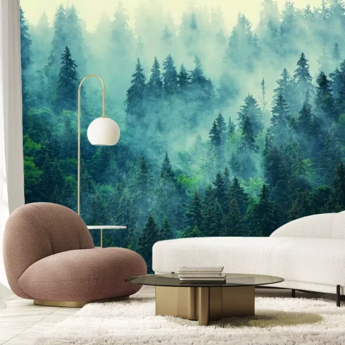 Fotobehang Mistig berglandschap met bos