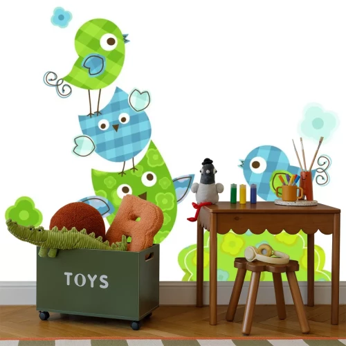 Sticker Blauwe en groene vogels rond een wolk