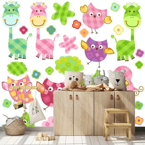 Sticker Kleurrijke girafvogels en uilen