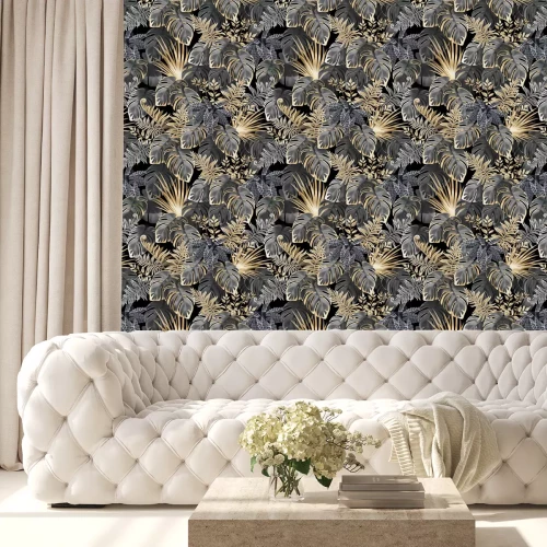 Behang Seamless background dark leaves of tropical exotic plants. Pattern jungle with palm trees and lianas. Vector 3d illustration.