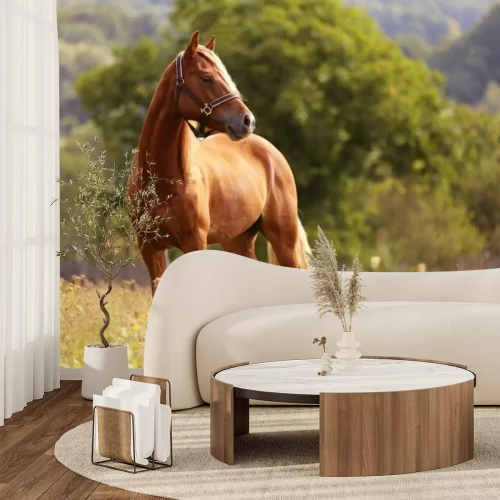 Fotobehang Een kastanjebruin paard staat in een weide met een boom op de achtergrond