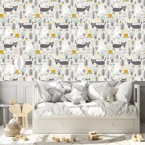 Behang Seamless pattern with cute wolf and white bunny in the forest . Vector background for children. Scandinavian style.