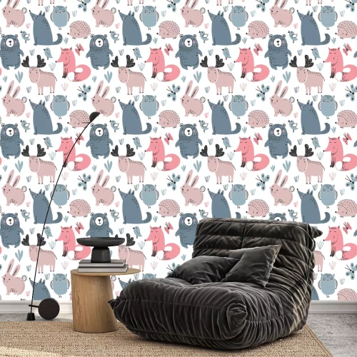 Behang Bosdieren met wolfsegel en teddybeer